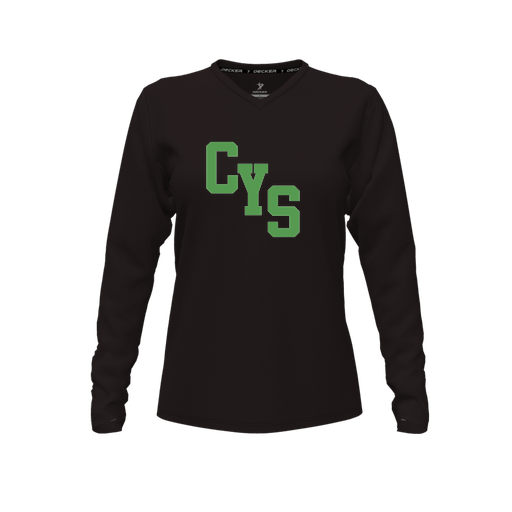 [CUS-DFW-TEES-CMF-VNK-LSL-BLK-FYXS-LOGO2] Decker Comfort T-Shirt (Female Youth XS, Black, V Neck, Logo 2, Long Sleeve)