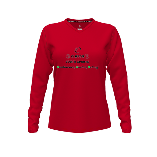 [FTLVPTRD-FYXS-LOGO1] Decker Performance T-Shirt (Female Youth XS, Red, V Neck, Logo 1, Long Sleeve)