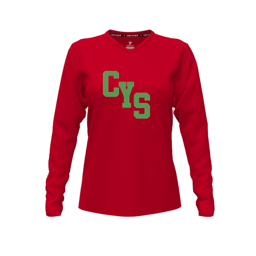 [FTLVPTRD-FYXS-LOGO2] Decker Performance T-Shirt (Female Youth XS, Red, V Neck, Logo 2, Long Sleeve)